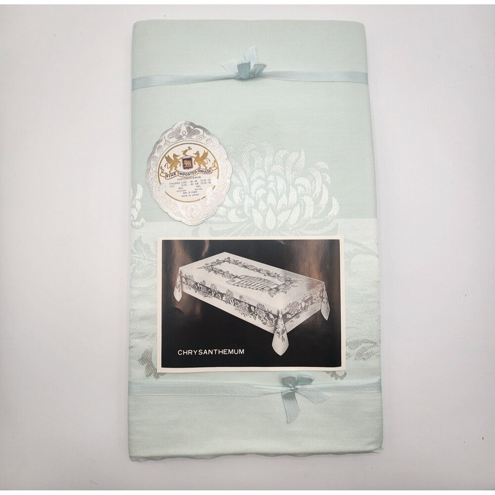 Fine Imported Demask Chrysanthemum Tablecloth 58 x 98 Aqua Blue 12 Napkins Japan